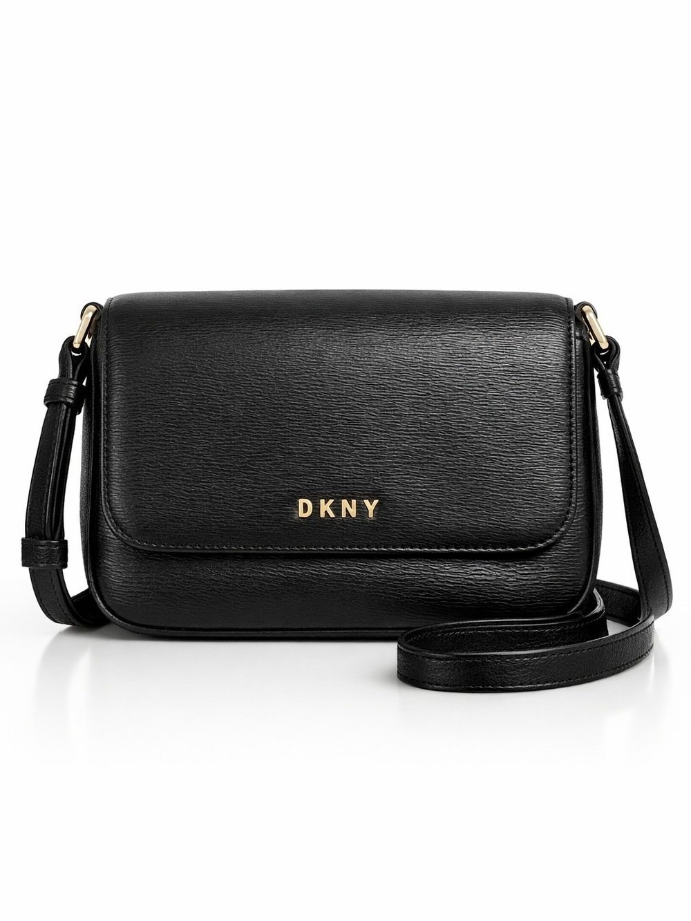 DKNY Black Leather Crossbody Bag | Gold Logo | Small Shoulder Purse